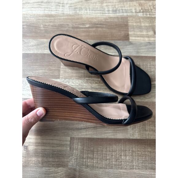 Women's J.Crew Black Double-Strap Stacked Wedges in Leather size 8 - Picture 2 of 6